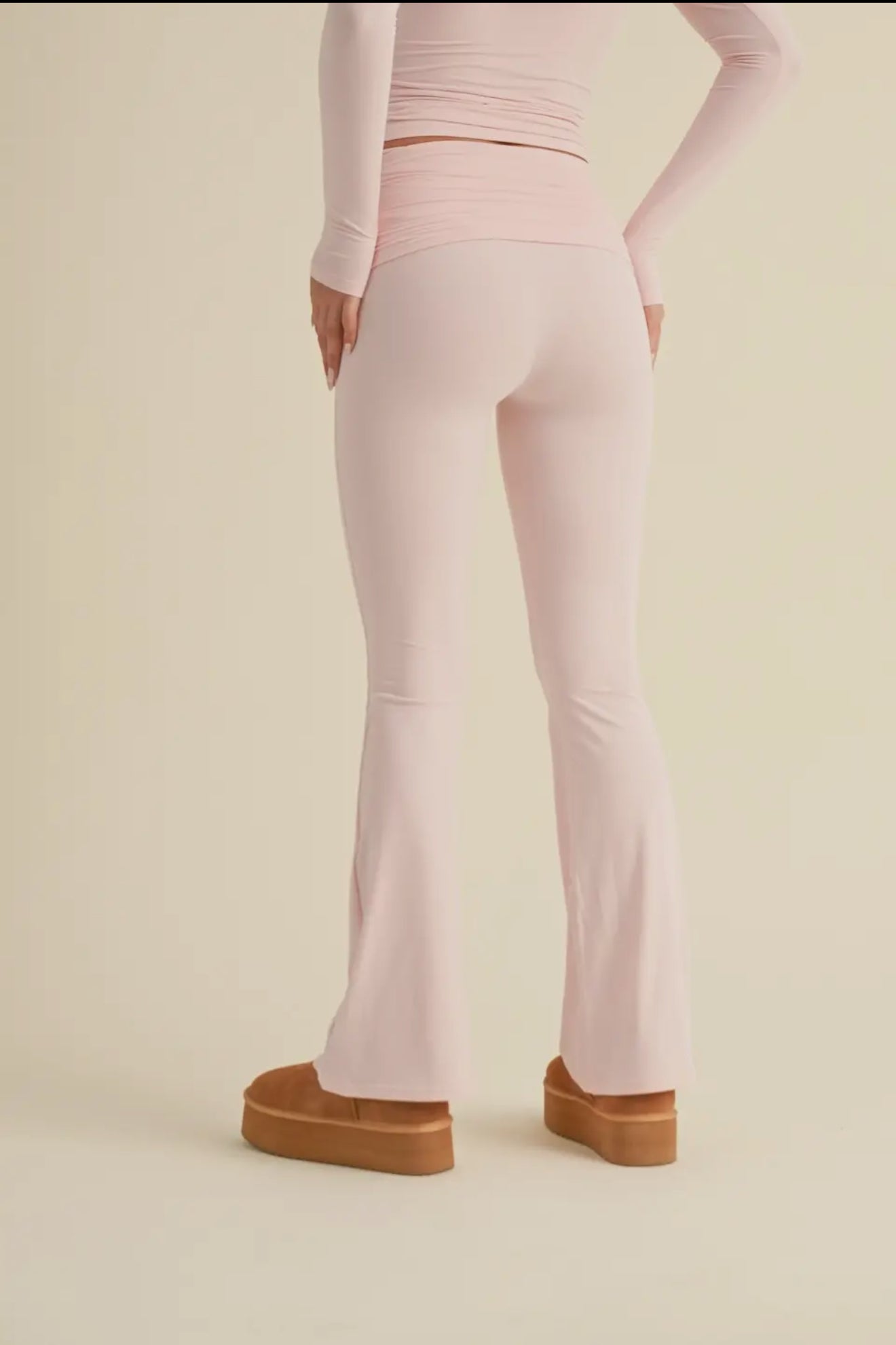 Soft Knit Fold Over Flare Pants - Pink