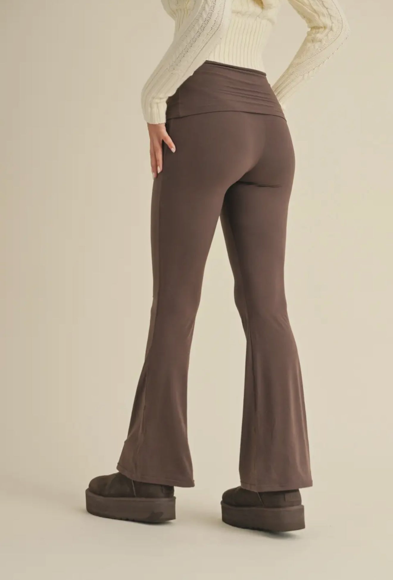 Soft Knit Fold Over Flare Pants - Chocolate