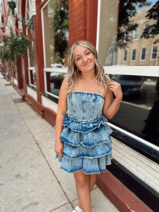 Night On the Town Ruffle Denim Dress