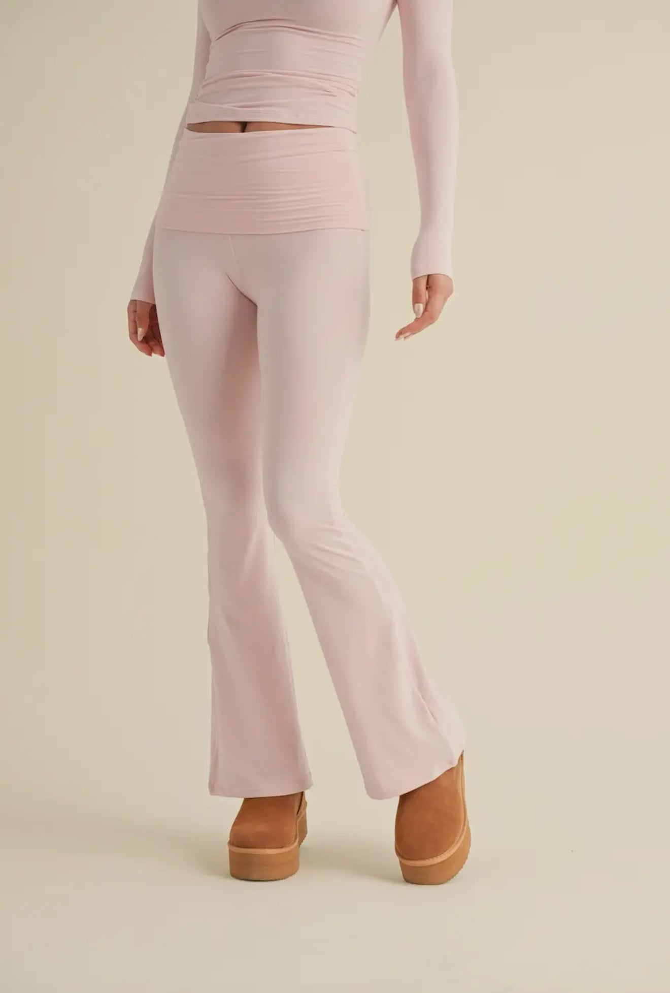 Soft Knit Fold Over Flare Pants - Pink